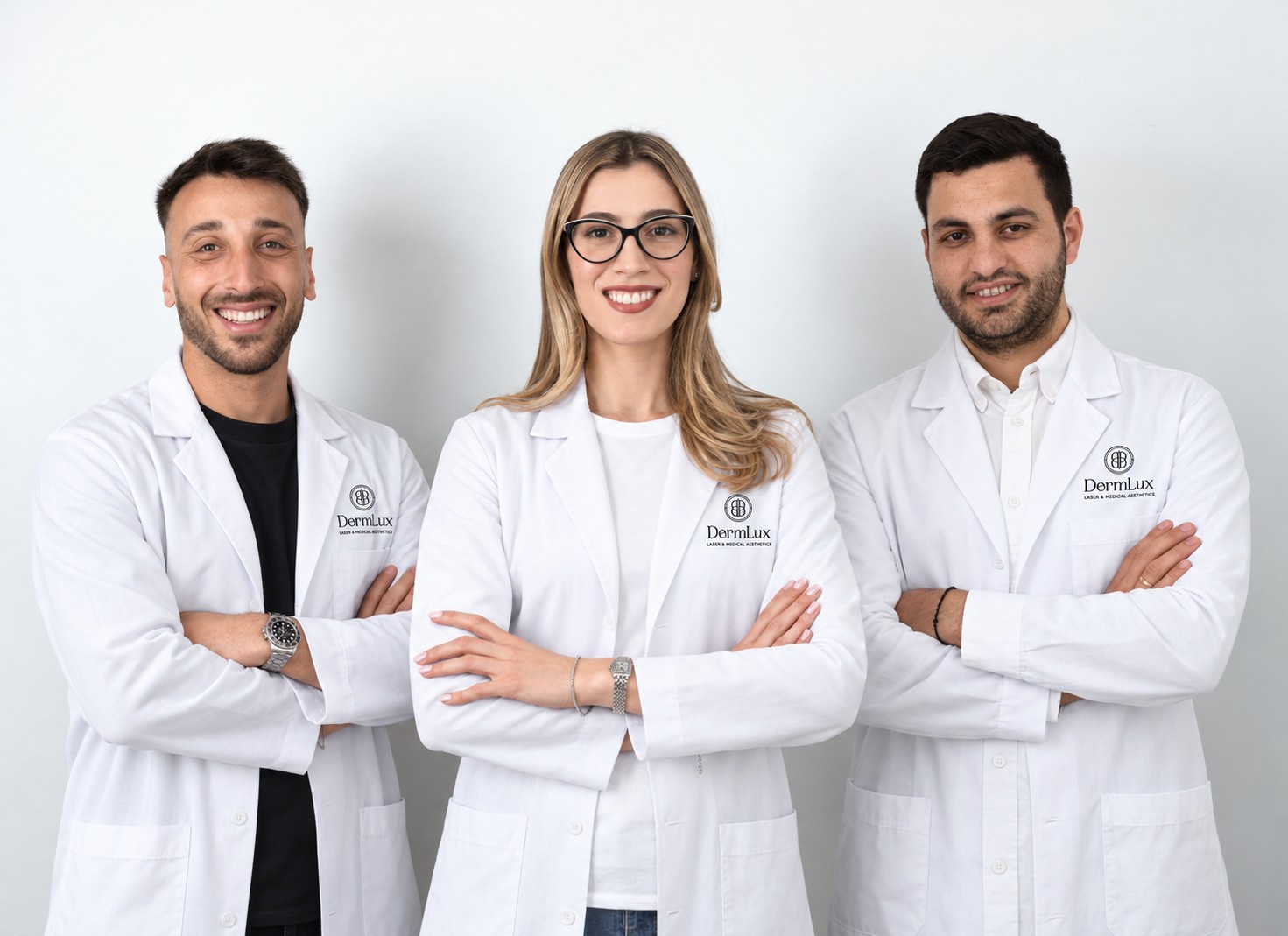 Οι τρεις ιδρυτές της DermLux, από αριστερά: Δρ. Χρίστος Καραπατάκης, Δρ. Αντριάνα Κωνσταντίνου και Δρ. Θεράπων Κωνσταντίνου